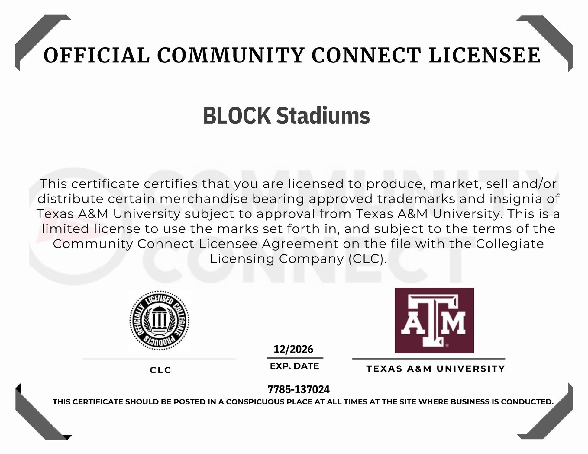 Texas A&M University official community connect license certificate